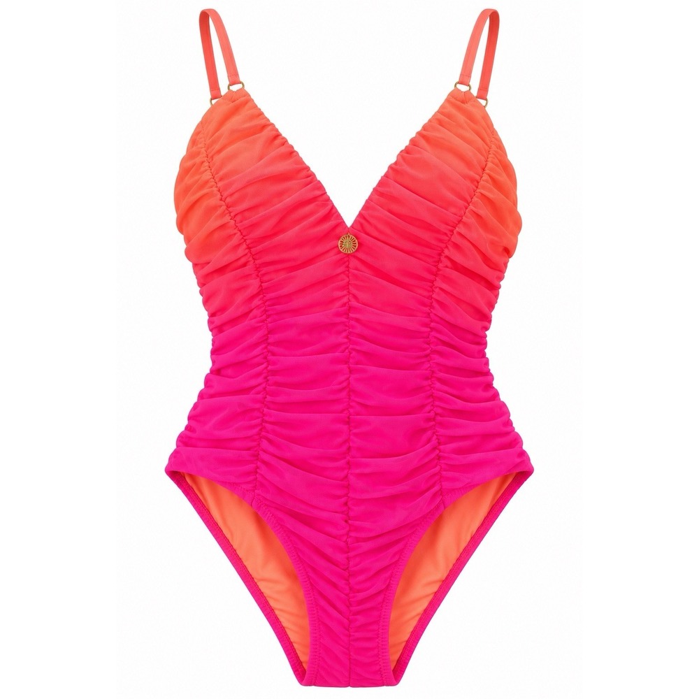 Sunshine 79 Ombre Illusions Ruched One Piece Swimsuit Pink Orange Size 8